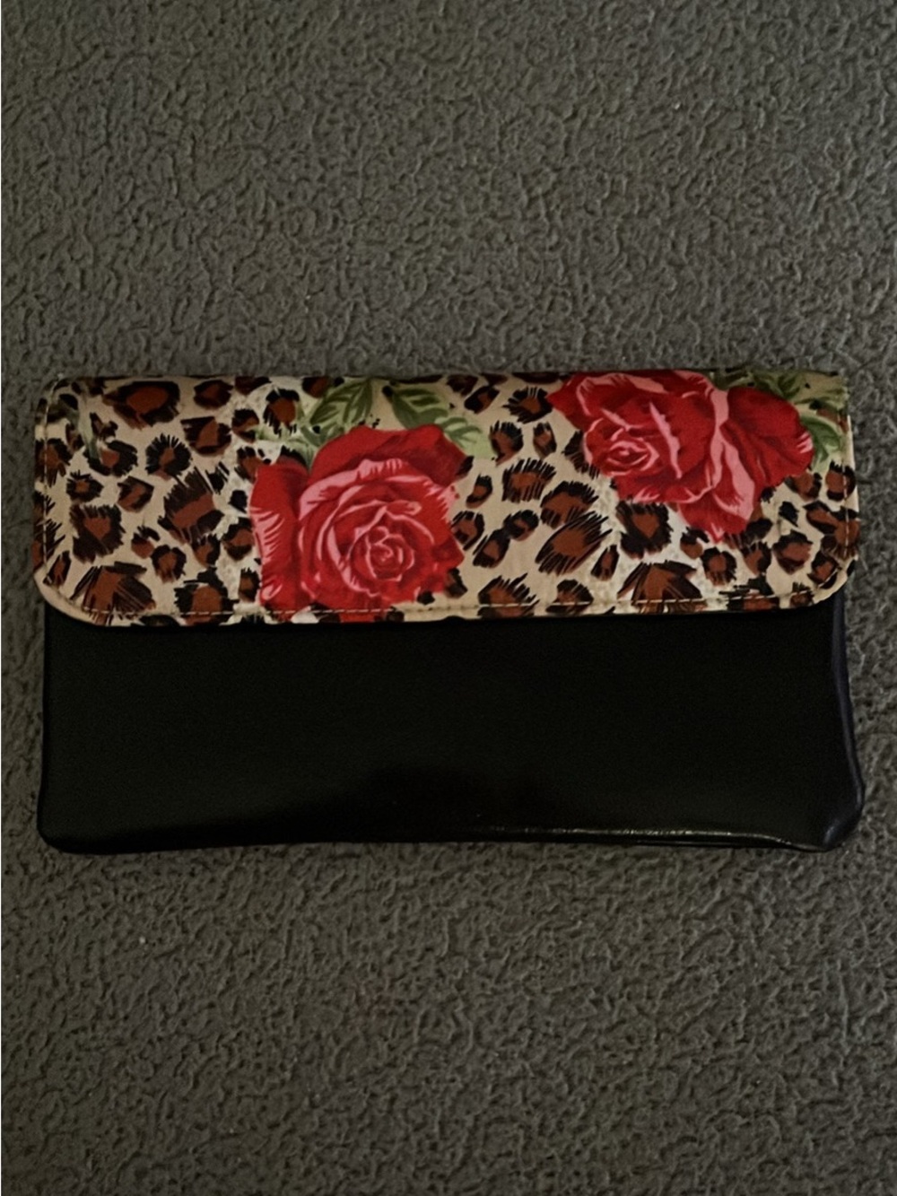 Floral Rose & Leopard Print Fold-Over Clutch - Black